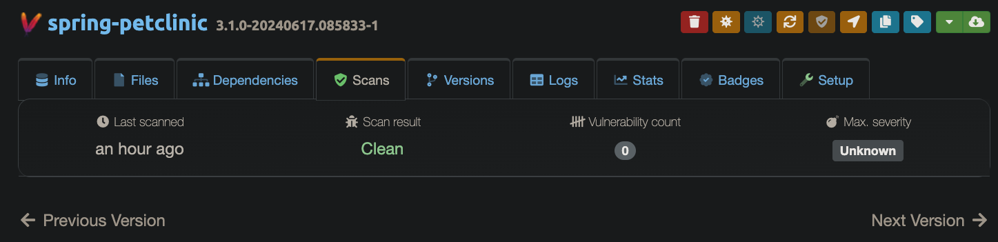 Screenshot of Cloudsmith security scan results for spring-petclinic Maven package